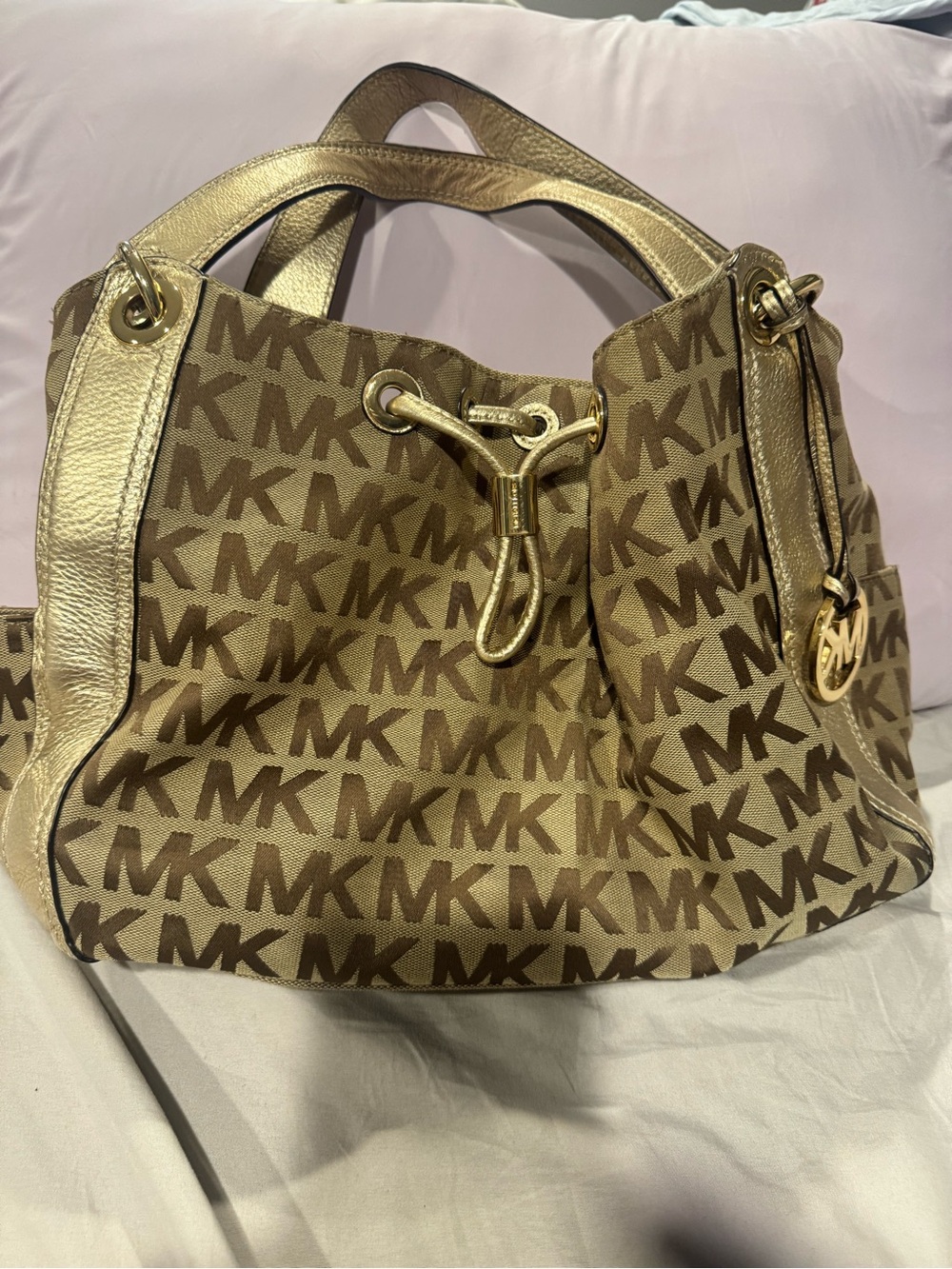 Michael Kors Gold and Brown Logo Drawstring Tote